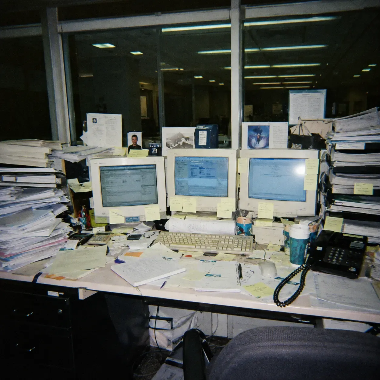 An office desk drowning in monitors, paper and sticky notes